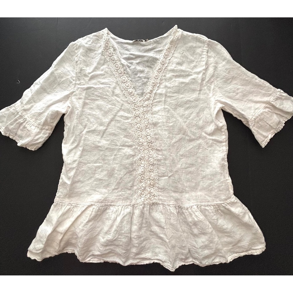 Francesca Bettini White Linen Crochet Lace Peplum Blouse Italy Large Boxy EUC - Picture 2 of 9